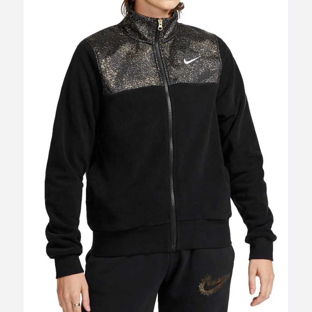 Nike Stardust Plush Fleece Jacket Black Gold Splatter XS DQ6778-010 with pockets